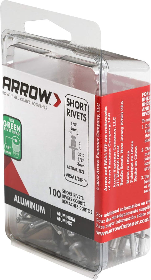Arrow RSA1/8IP Short Aluminum Pop Rivets, 1/8-Inch, 100-Pack for Metal, Fabric, Leather, Auto Repair