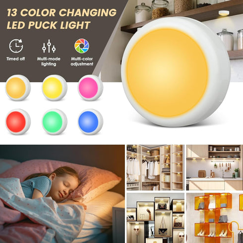 16 Dimmable (3 Pack) RGBW Color Changing Puck Lights with Wireless Remote - Colors Under Cabinet, Battery Powered LED