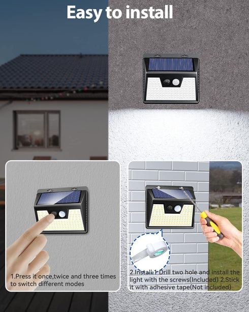 2 Pack 140 3 Peasur Solar Lights Outdoor Motion Sensor, LED Solar Powered Fence Wall Light Waterproof, Modes Solar