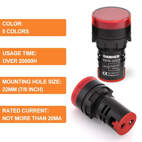 GASHER 12V 20mA Energy Saving Indicator Light, Red, 10 Pcs, Mounting Hole Size 22mm (7/8 Inch)