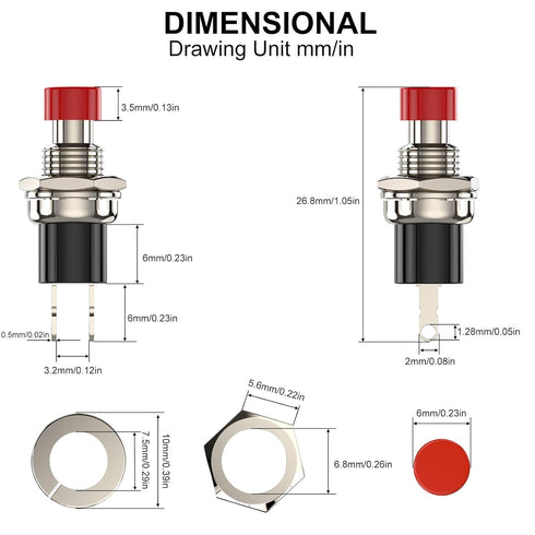 Mini Push Button Switch, 1A 250V AC SPST Momentary Switches with Wire, Normal Closed (NC) Red Cap - 10pcs