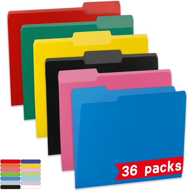 Multicolor 36 Packs Two Tone Color File Folders, Assorted Color Letter Size with 1/3-Cut Tabs, 8.5x11 for Office,