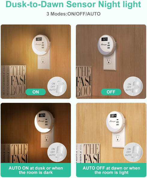 15.5W) Alitayee LED Night Light, Night Lights Plug Into Wall, Smart Light Sensor Nightlight with USB C Charger(MAX