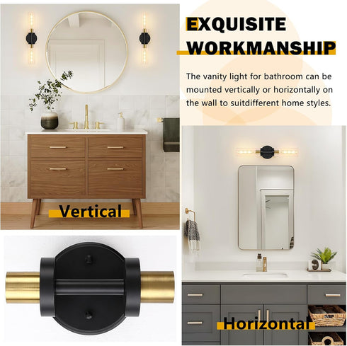 2-Light (1-Pack) Baocuz Bathroom Lighting Fixtures Over Mirror, Black and Gold Vanity Lights for Bathroom, Modern