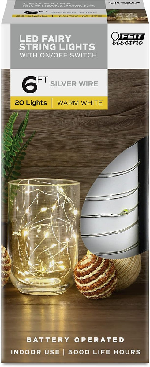 6ft 5K 1.8W FY6-20/SLV Feit Electric Indoor LED Fairy String Lights with On/Off Switch, Silver Wire Light Strand, Life