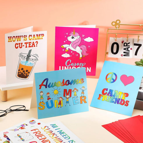 Noveread 6 Sets 6 Summer Camp Greeting Card with Envelopes Sweet Camp Notes Designs Postcards Stationary for Kids Boys