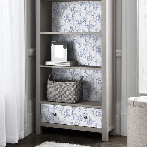 17.7"x118" Blue Grey Floral Peel and Stick Wallpaper Iris Flower Bouquet Leaf Mural Wallpaper Floral Contact Paper Self Adhesive Removable Floral Wall Paper for Bedroom Nursery Cabinets by VaryStyle
