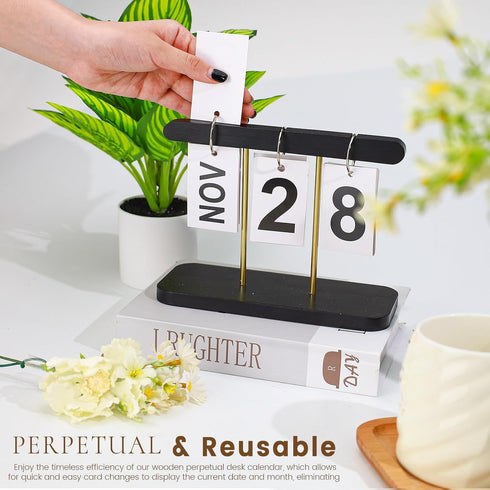 Roucerlin Countdown Wood & Metal Perpetual Flip Calendar, Reusable Wooden Desk Calendar Standing Flip, Daily Desk