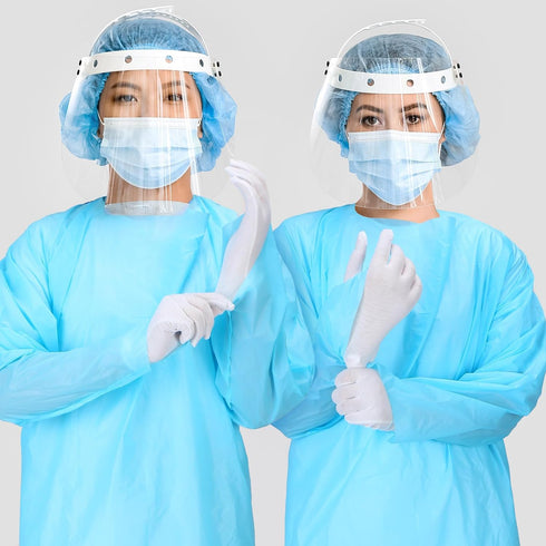 TrelaCo 30 Pack Disposable Isolation Gowns with Thumb Loops, X Large 46 Inch Waterproof CPE Gowns for Unisex Adults