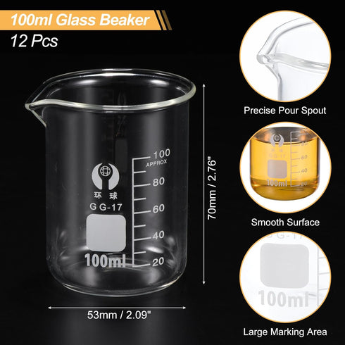 PATIKIL 100ml Low Form Glass Beaker, 12 Pack, 3.3 Borosilicate Glass Graduated Measuring Cups with Spout for Kitchen Lab