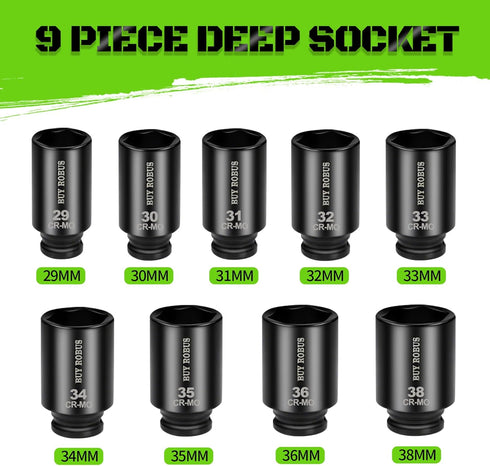 1/2" Set, 9-Piece 6-Point, 29mm, 30mm, 31mm, 32mm, 33mm, 34mm, 35mm, 36mm,38mm Drive Impact Socket Metric Deep Axle Nut