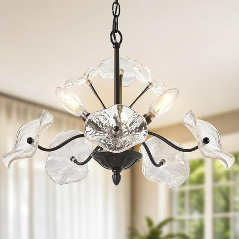 Luvkczc Black Chandelier,Vintage Flower Glass Pendant Light Fixture,Mid Century Ceiling Light Fixture