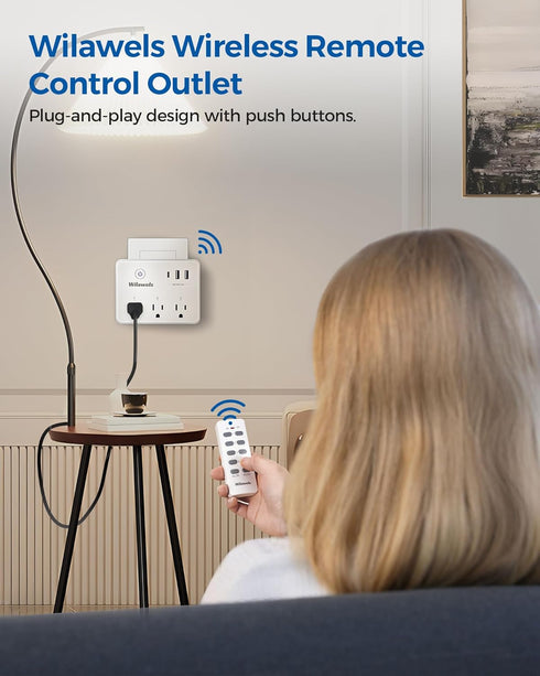 Wireless Remote Control Outlet, Multi-Plug Outlet with 3 Outlets and 3 USB Ports, 100FT RF Range, Programmable