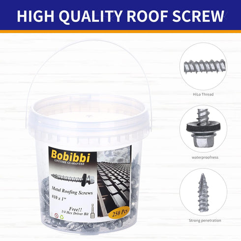 Metal Roofing Screws 10 x 1 inch, Hex Head Sheet Metal Roof Screw with EPDM Washer (250Pcs) for Corrugated Roofing