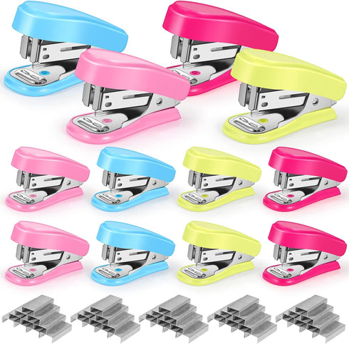 Ctosree Mini Stapler Bulk, 12 Pieces with 12 Boxes Staples, Built-in Staple Remover, Desk Tool (Blue, Green, Pink, Rose)