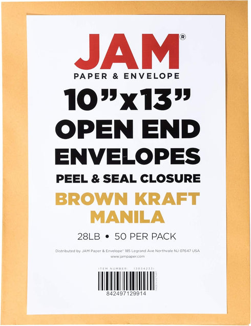 JAM PAPER 10 x 13 Open End Premium Envelopes with Peel and Seal Closure - Brown Kraft Manila, 50/Pack