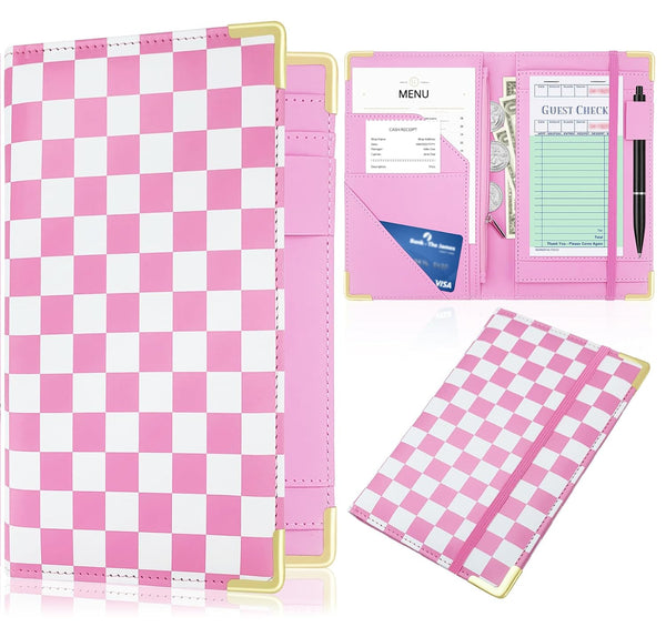 Large PU Leather Waitress Server Book, Retro Checkerboard Check Holder Organizer with