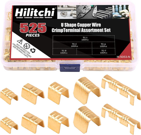 Hilitchi 525Pcs Non-Insulated U Shape Copper Ring Terminals Crimp Assortment Kit TC-1, TC-A, TC-B, TC-C, TC-T