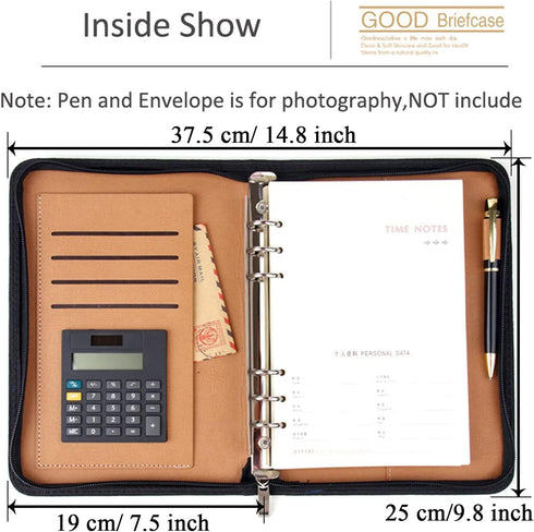 SAYEEC Leather Portfolio Notebook Binder with Calculator, A5 6 Ring Refillable Budget Planner Cover with Zipper