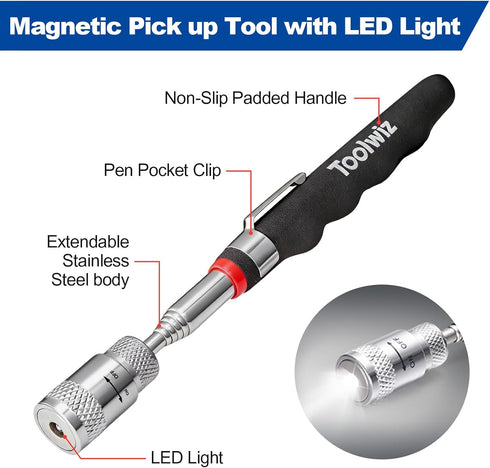 15" 10lbs, 8 lbs Toolwiz Rolling Magnetic Sweeper with Telescopic Magnetic Pick Up tools with LED light Telescoping