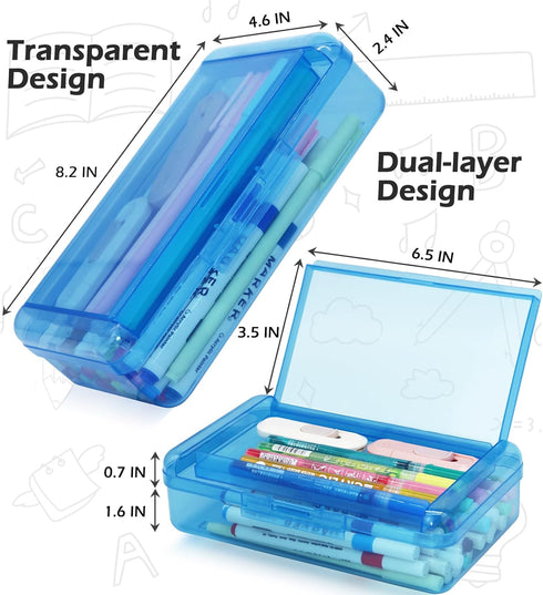 Double Layer Translucent Plastic Pencil Box,Hard Clear Pencil Case with Snap-Tight Lid for Pen, Pencils, School Office
