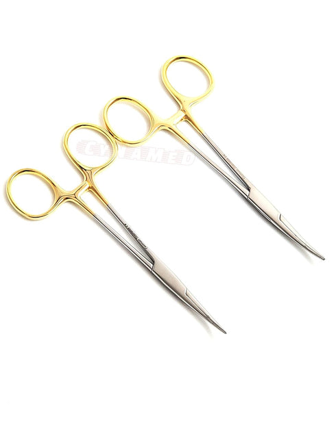 Premium German Stainless- Set of 2 PCS Gold Handle Mosquito Locking HEMOSTAT Forceps Straight + Curved 5"-Cynamed