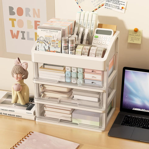 Desk Organizer with Drawers - 3 Drawer Clear Desktop Storage for Office Supplies, Makeup Organizers