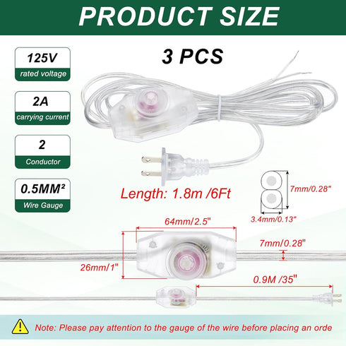 PATIKIL 6 3 Set Feet Lamp Cord with Plug, UL List Lamp Power Cord with Full Range Rotary Lamp Switch Stripped Ends