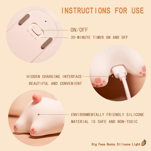 Dimmable 3 Squishy Bunny Night Light for Kids, Cute Big Face Rabbit Silicone Lamp with Timer Brightness, Easter Nursery