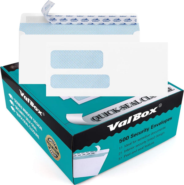 ValBox 500 Count #9 Self Seal Security Envelopes - 3-7/8x8-7/8" Double Window for Invoices, Business Statements