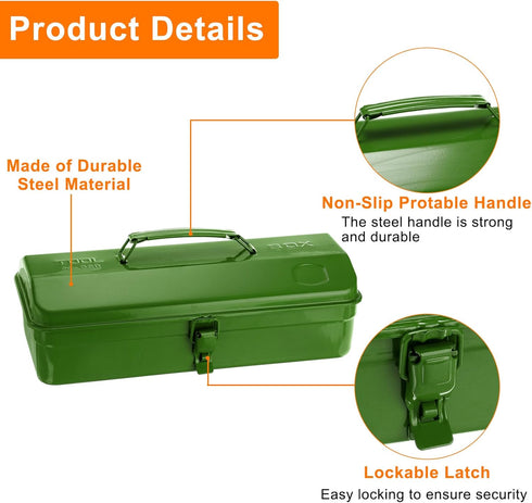 14.2" HARFINGTON Tool Box Portable Steel Tool Box Hip Roof Style with Metal Latch Closure Tool Chest for Household