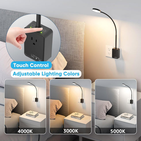 Dimmable 3 Plug in LED Book Reading Light, Black LED Wall Sconce Lamp with Power Plug and Outlet Extender for Kitchen