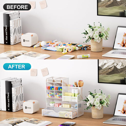 Marbrasse Mesh Pen Holder for Desk, Multi-Functional Organizer with Drawer for Office Art Supplies, White