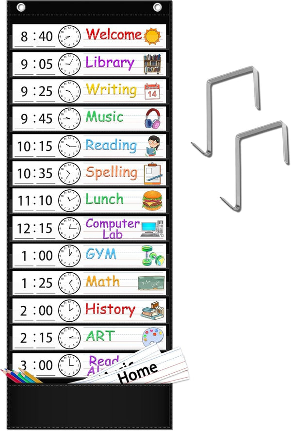 Daily Schedule Pocket Chart, 13+1 Pocket Visual Schedule Chart, 18 Double-Sided Blank Reusable Dry-Eraser Cards