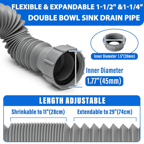 Double Sink Drain Kit, Flexible Sink Drain Pipe P Trap 1-1/2 & 1-1/4 Fits Kitchen Bathroom, Gray