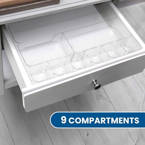 Manaloom Desk Drawer Organizer Tray, 9 Storage Compartments for Home and Office, Clear, 2 Pack