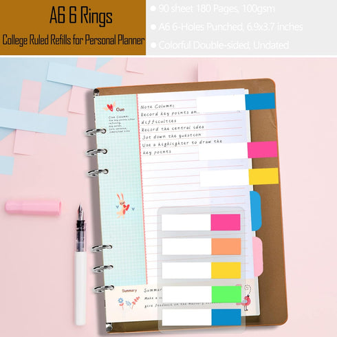 Rancco A6 Planner Refill Paper, 90 Page Colorful 5R Cornell Notes with Zipper Pouch & Binder Divider