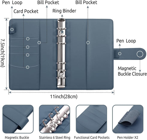 SKYDUE A6 Budget Binder, Money Organizer with 8pcs Zipper Envelopes, 12pcs Expense Sheets & 24 Sticky Labels