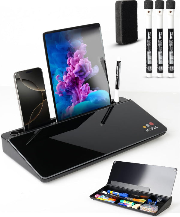 Glass Desktop Whiteboard with Storage, 15.3"x7.08"x2.16" Dry Erase Board with Markers & Duster for Home, Office, School
