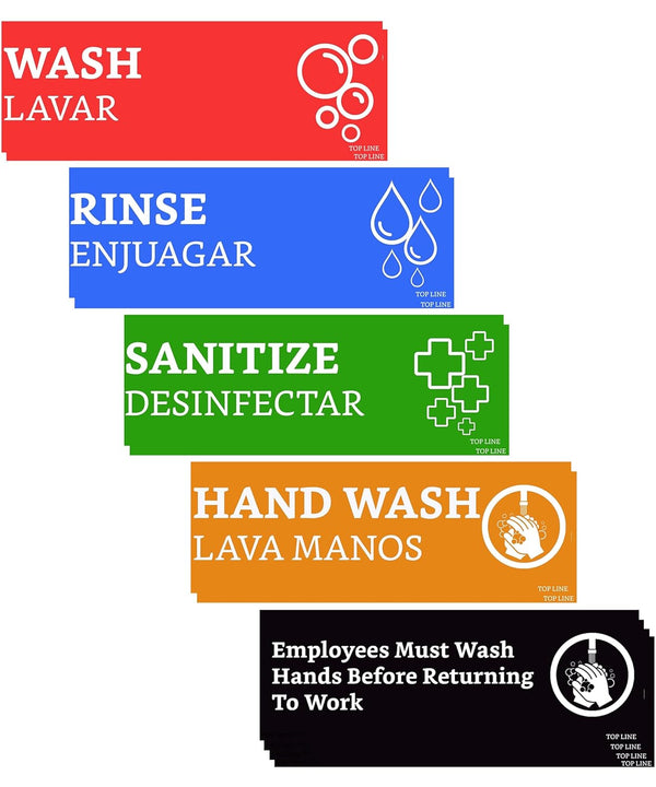 Wash Rinse Sanitize Sink Labels - 12 Labels (2 Sets, 7.3x2.5 in) - Ideal for Restaurants and Commercial Kitchens