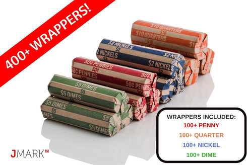J Mark Flat Coin Roll Wrappers (Quarters, Dimes, Nickels, Pennies), ABA Striped Kraft Paper Coin Roll Wrappers,