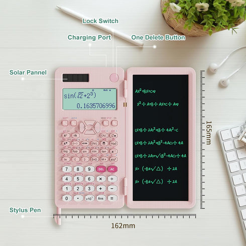 Pink Rechargeable Scientific Calculator 991ES MAX, Foldable with Notepad, 417 Functions, Solar Energy for Students