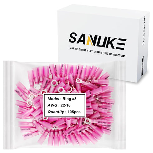 Sanuke 105Pcs 22-16 AWG #8 Heat Shrink Ring Terminals, Red, Marine Grade Waterproof Wire Connectors