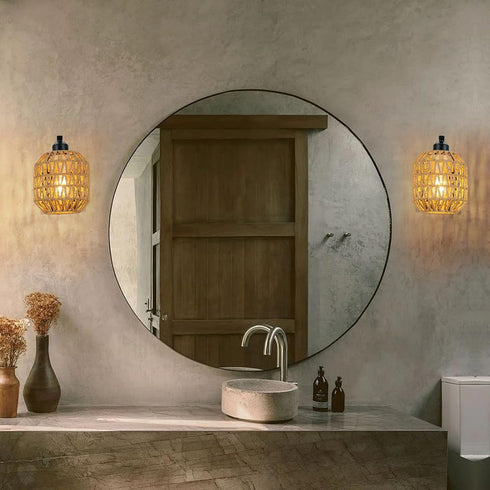 1Pack lobolighting Boho Rattan Wall Sconces Hardwired Hand-Woven Farmhouse Wall Lamps Indoor Rustic Wall Mount Light