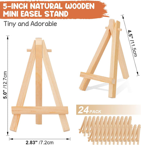 WOWOSS 24 Pack 5" Mini Wood Display Easel, Natural Wooden Tripod Holder Stand for Displaying Small Canvases, Business Cards, Photos