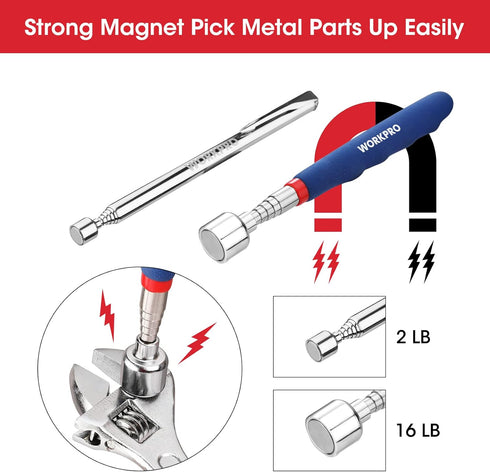 WORKPRO 4PC Telescoping Magnetic Pick Up Tool Kit, Includes Inspection Mirror, Magnetic Pick Up Tool