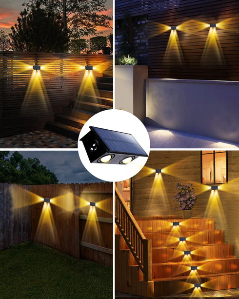 4 Pack 3-Side Solar Fence Lights Outdoor Waterproof with Warm White LED Spot Lens, for Wall, Deck, Patio, Yard, Rail