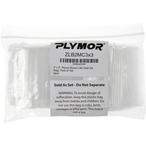 Plymor 2 Mil Zipper Reclosable Plastic Bags, 3" x 3" (Pack of 100)