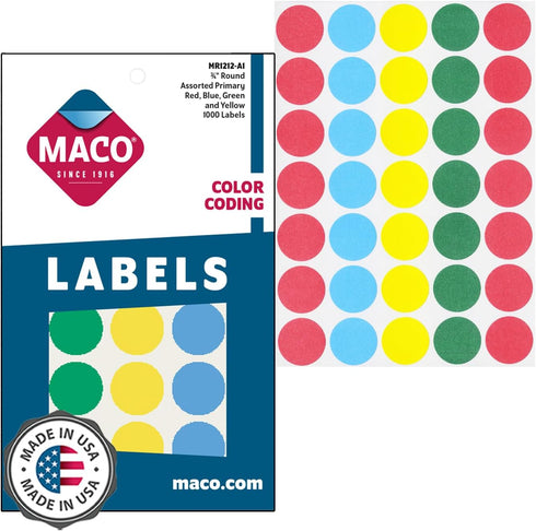 MACO Assorted Primary Round Color Coding Labels, 3/4 Inches Diameter, 1000 Per Box (MR1212-A1)