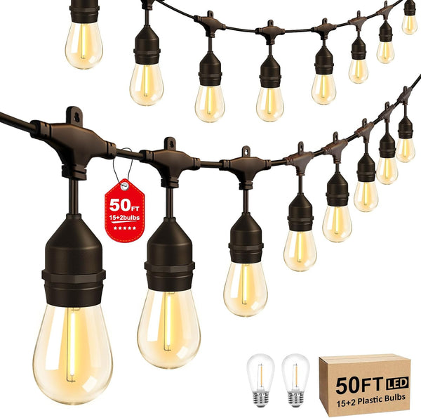 50FT LED Outdoor String Lights with 15+2 Shatterproof Bulbs, IP65 Waterproof, Commercial